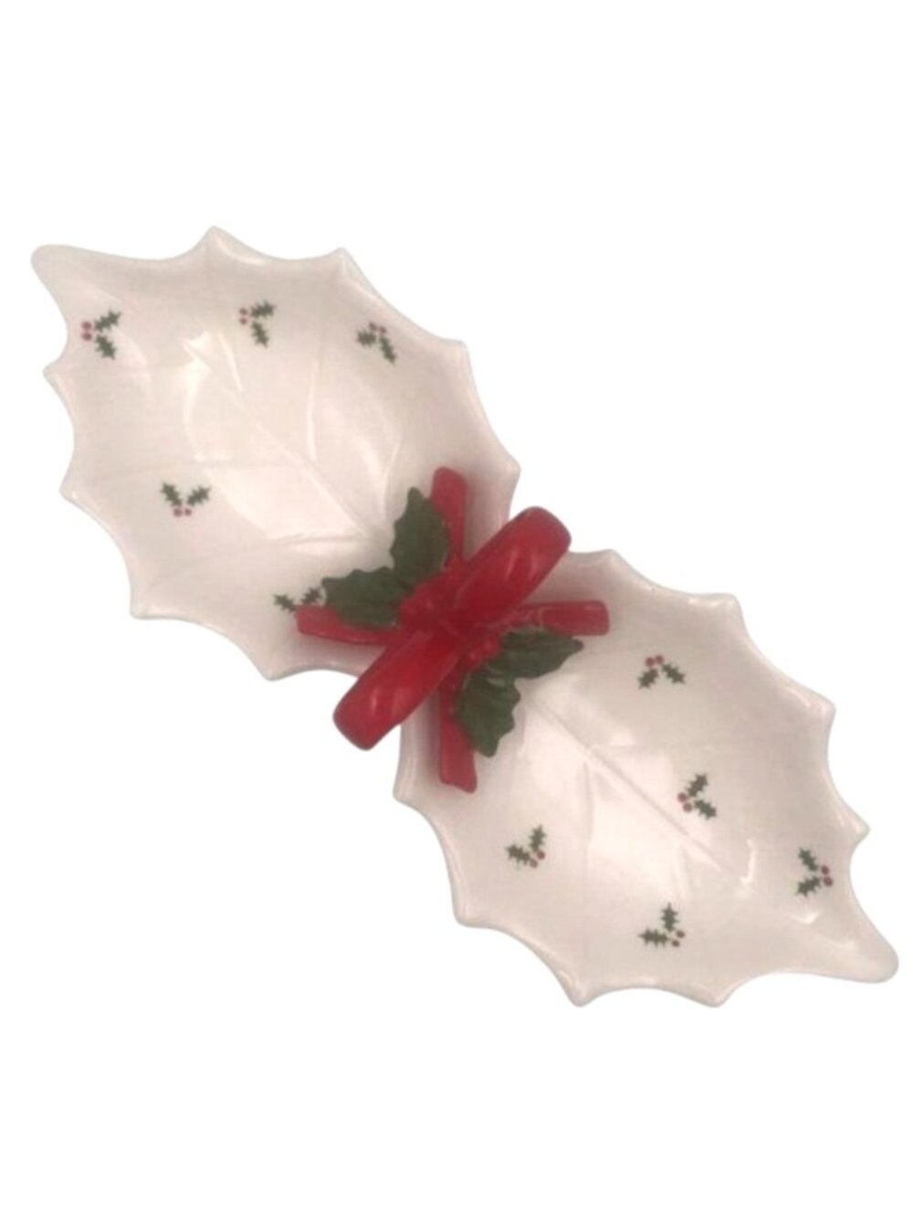 Otagiri Handcrafted Ceramic Holly Leaf Candy Dish Red Bow Design Grandmacore